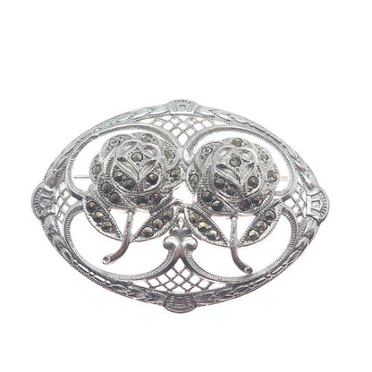 925 Sterling Silver Antique Art Deco Marcasite Gem Couple of Roses Pin Brooch