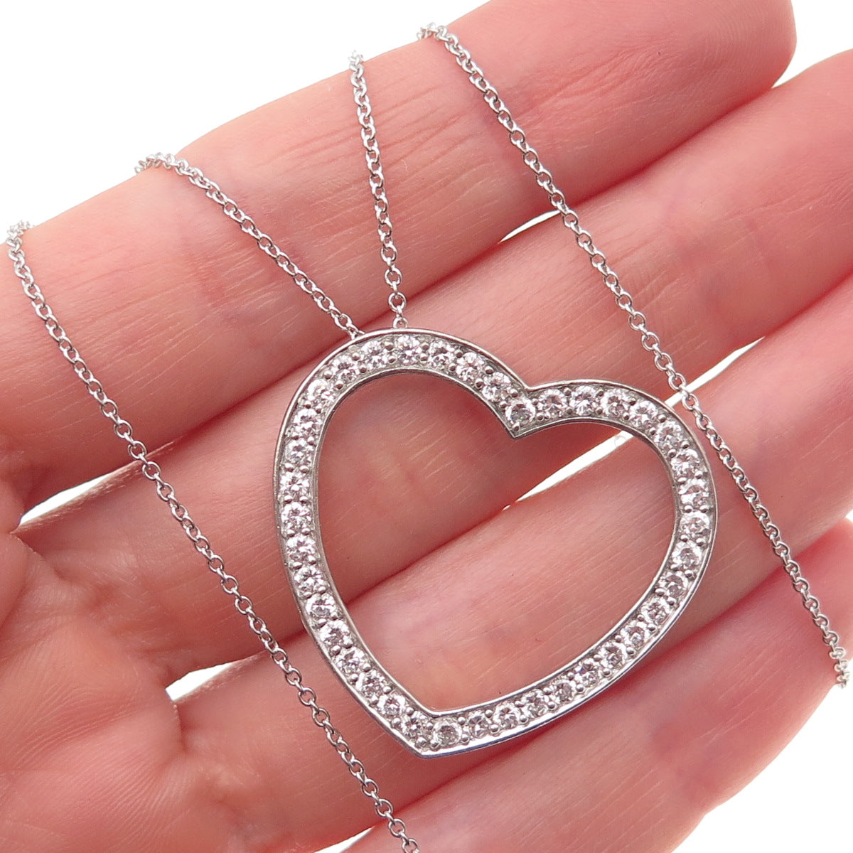 925 Sterling Silver Round-Cut C Z Heart Cable Chain Necklace 18"