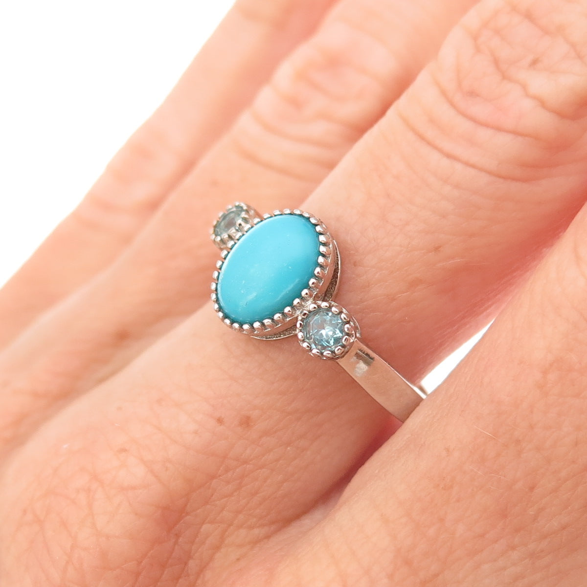 925 Sterling Silver Real Sleeping Beauty Turquoise & Aquamarine Ring Size 8.25