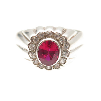 925 Sterling Silver Vintage Lab-Created Ruby & C Z Oxidized Ring Size 10