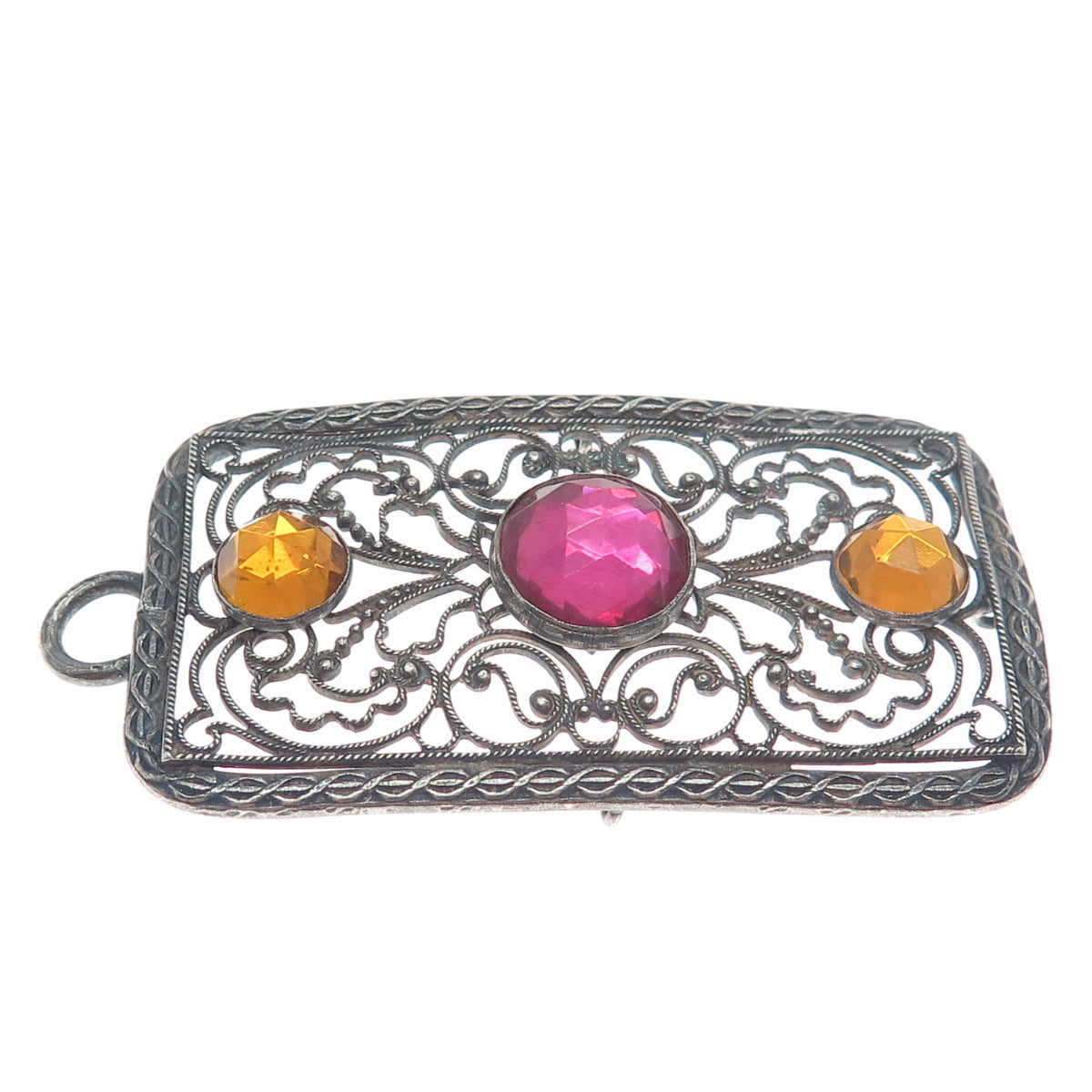 800 Silver Antique France Canary & Pink Rhinestone Filigree Oxidized Pendant