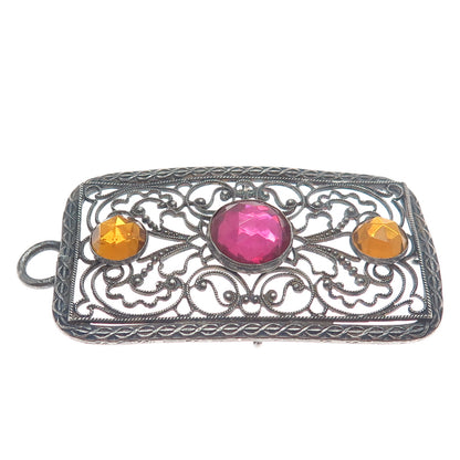 800 Silver Antique France Canary & Pink Rhinestone Filigree Oxidized Pendant