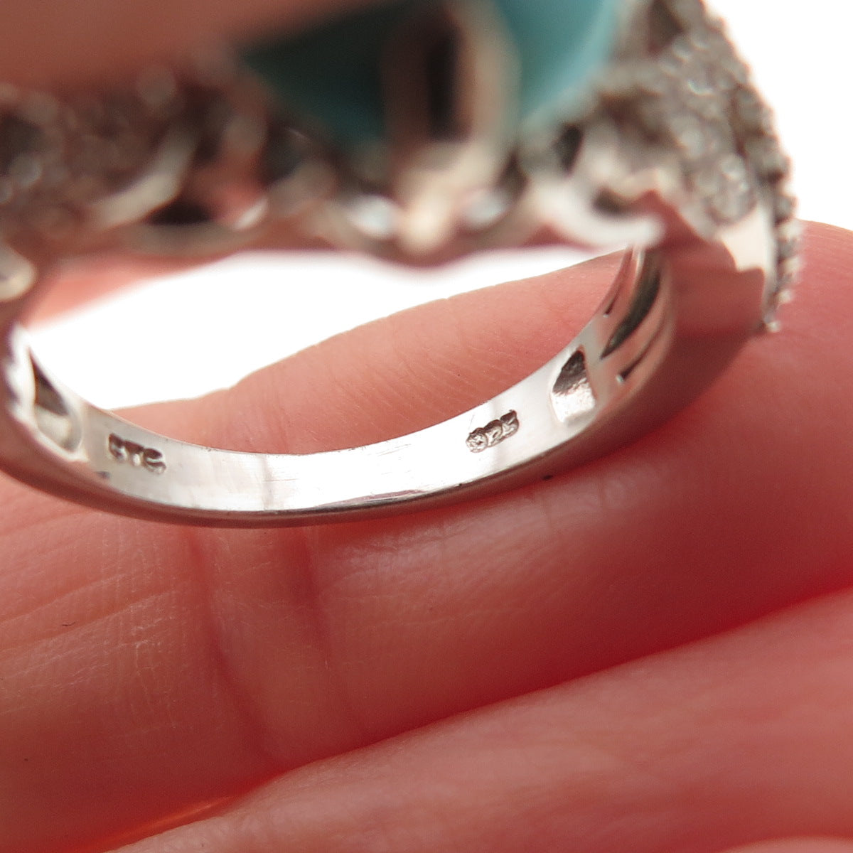 Chuck Clemency 925 Sterling Silver Real Turquoise & White Topaz Ring Size 8