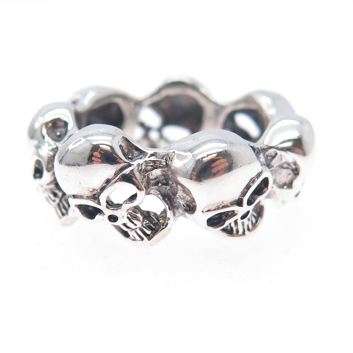 925 Sterling Silver Vintage Skull All Around Biker Ring Size 8.25