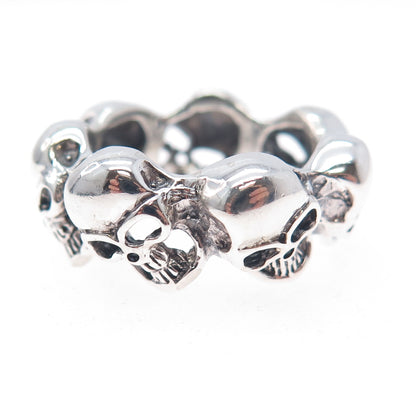 925 Sterling Silver Vintage Skull All Around Biker Ring Size 8.25