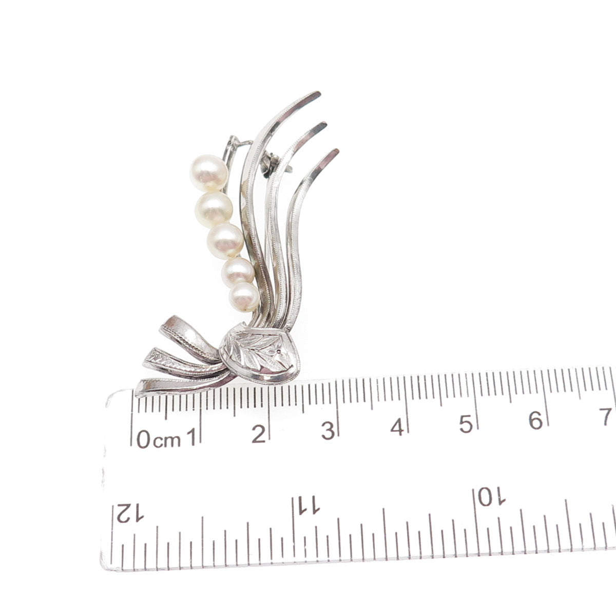 925 Sterling Silver Antique Art Deco Real Pearl Floral Pin Brooch