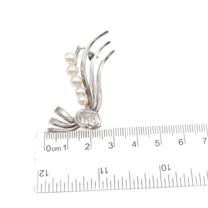 925 Sterling Silver Antique Art Deco Real Pearl Floral Pin Brooch