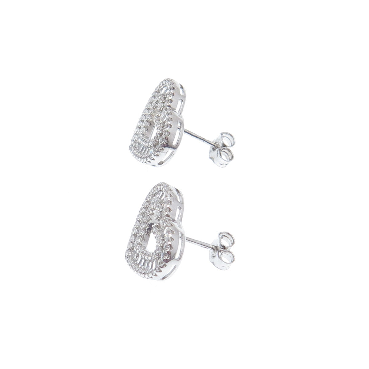 925 Sterling Silver Round & Tapered Baguette-Cut C Z Heart Stud Earrings