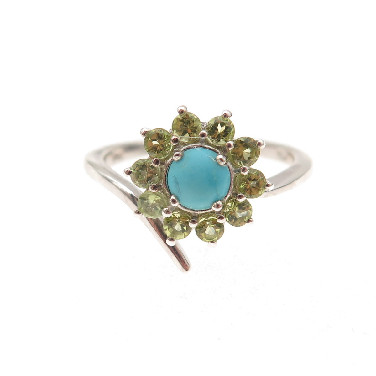 Chuck Clemency 925 Sterling Silver Real Turquoise Peridot Floral Ring Size 8.25
