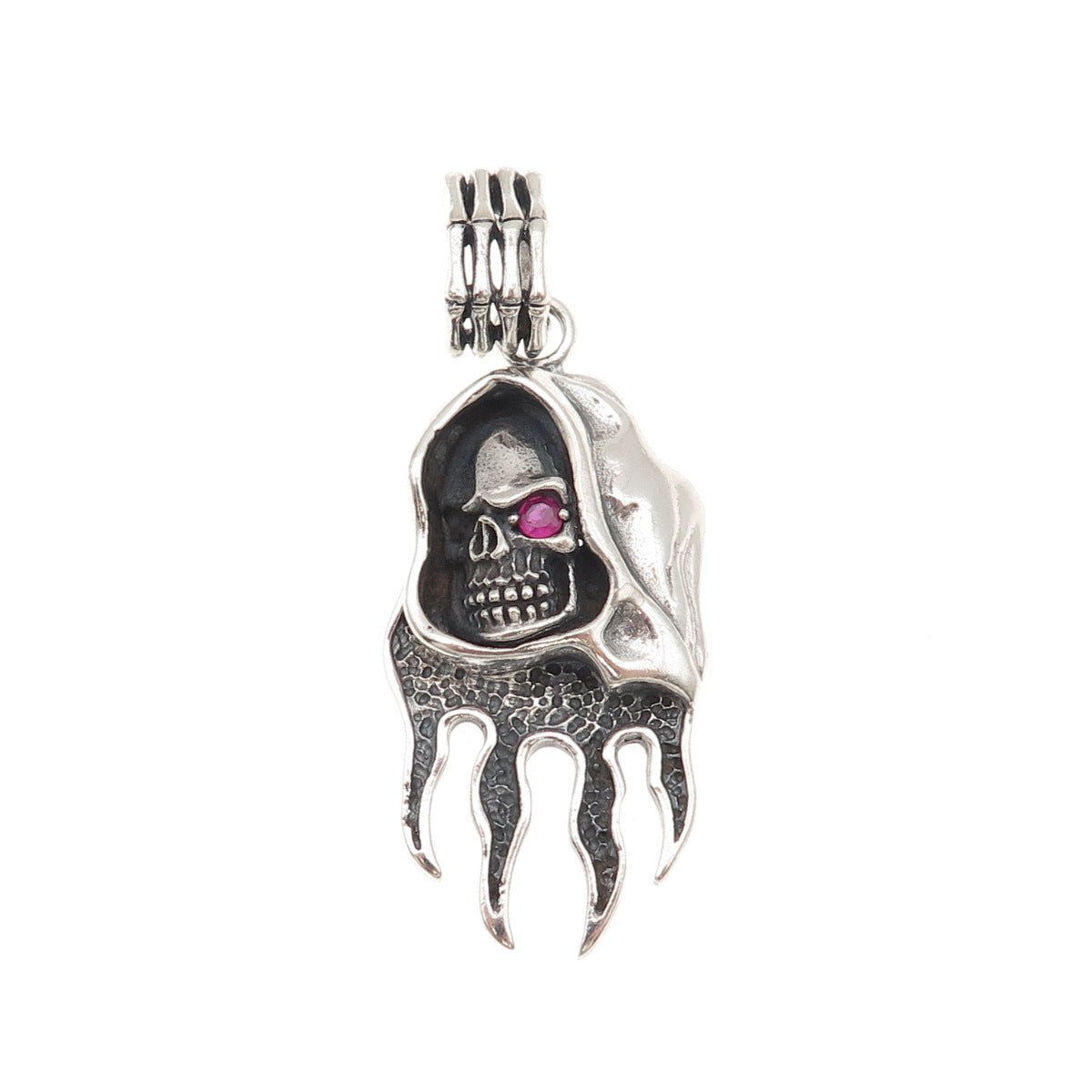 925 Sterling Silver Vintage Real Ruby Santa Muerte Oxidized Charm Pendant