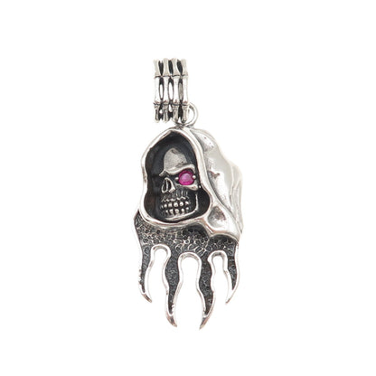 925 Sterling Silver Vintage Real Ruby Santa Muerte Oxidized Charm Pendant