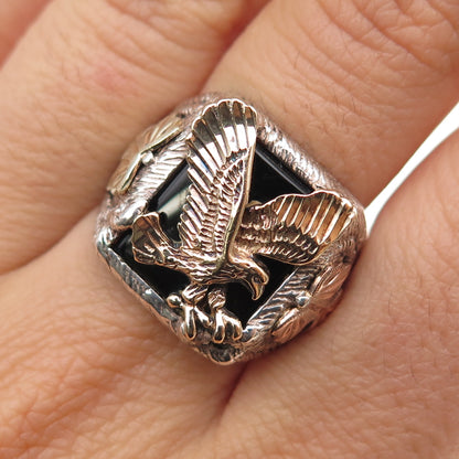 925 Sterling Silver 10K Yellow & Rose Gold Vintage Black Onyx Eagle Ring Size 10