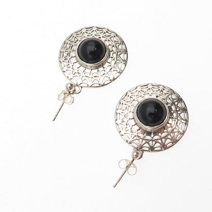 MG Michal Golan 925 Sterling Silver Vintage Real Black Onyx Disc Dangle Earrings