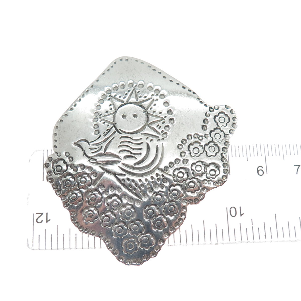LOS BALLESTEROS Sterling Silver Vintage Mexico Sun & Bird Landscape Pin Brooch