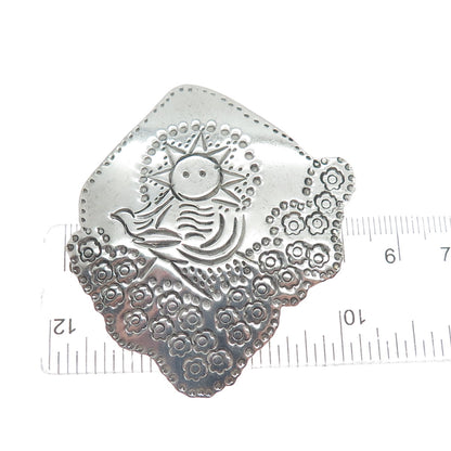 LOS BALLESTEROS Sterling Silver Vintage Mexico Sun & Bird Landscape Pin Brooch