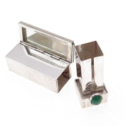 800 Silver Antique Art Deco Italy Real Green Onyx Tube Slide Lipstick Case #50
