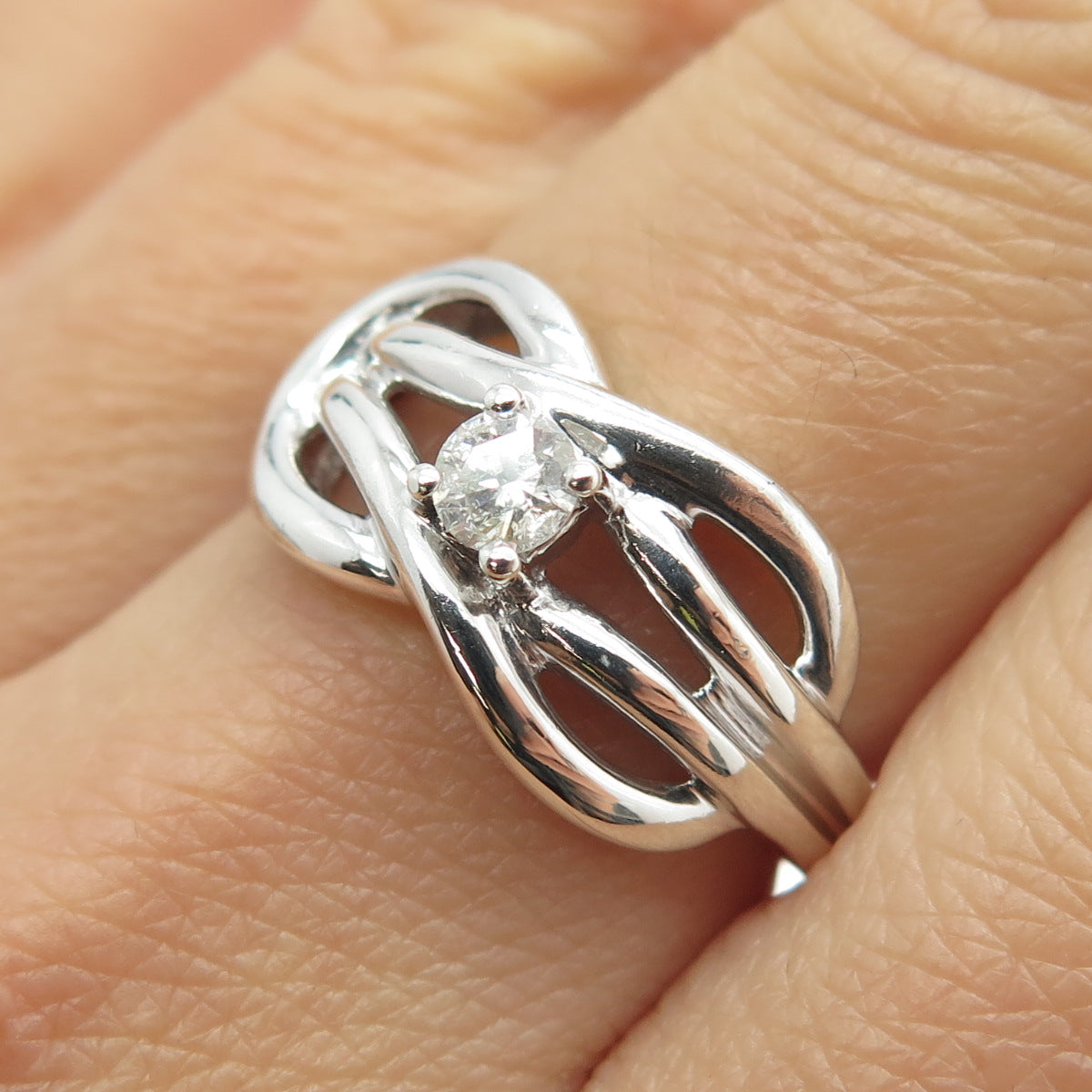 925 Sterling Silver Real Round-Cut Diamond Love Knot Ring Size 7.25