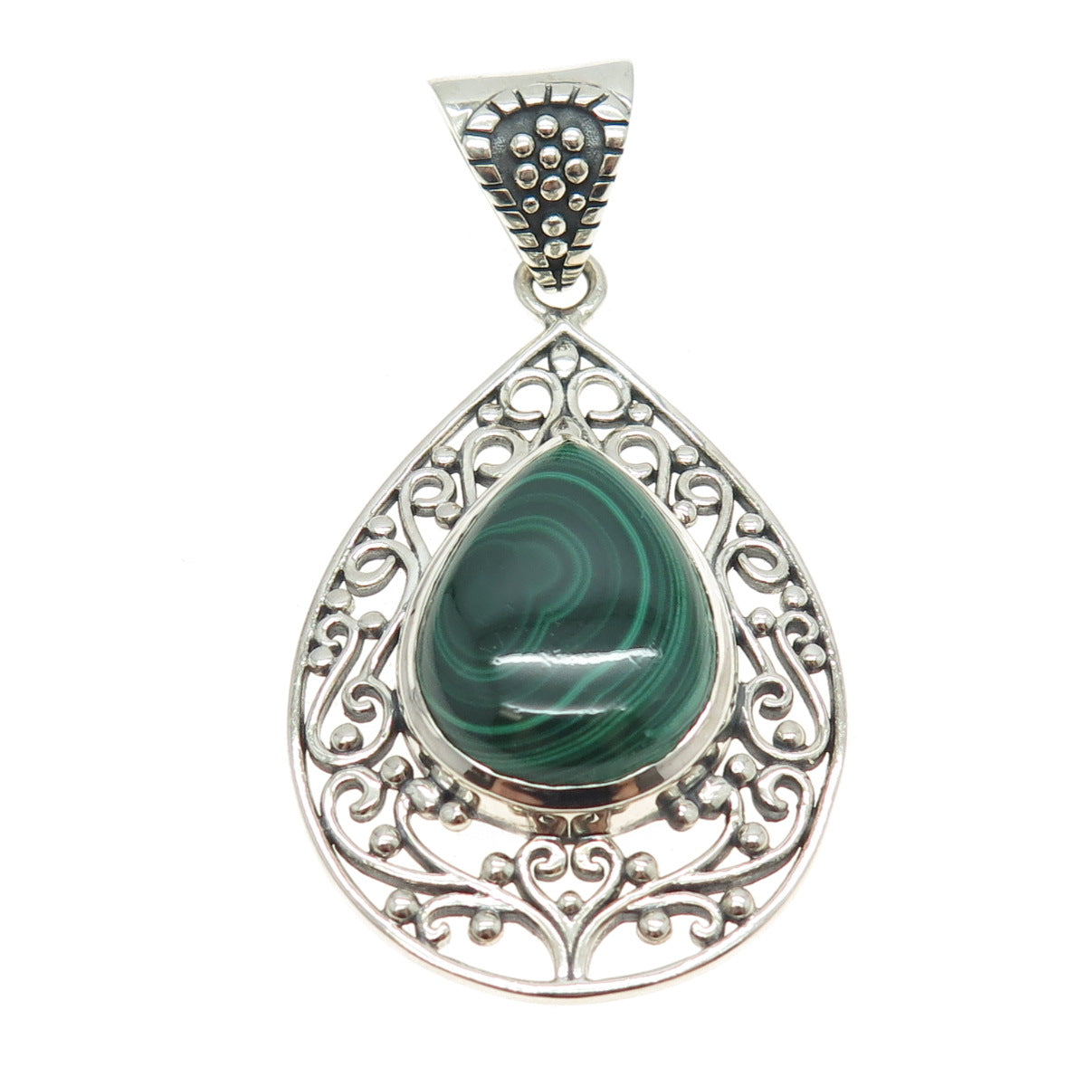 ARYA 925 Sterling Silver Vintage Real Malachite Swirl Teardrop Pendant