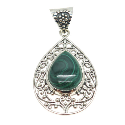 ARYA 925 Sterling Silver Vintage Real Malachite Swirl Teardrop Pendant