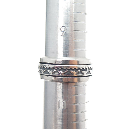 925 Sterling Silver Vintage Mexico Dolphin Rotating Band Oxidized Ring Size 10.5