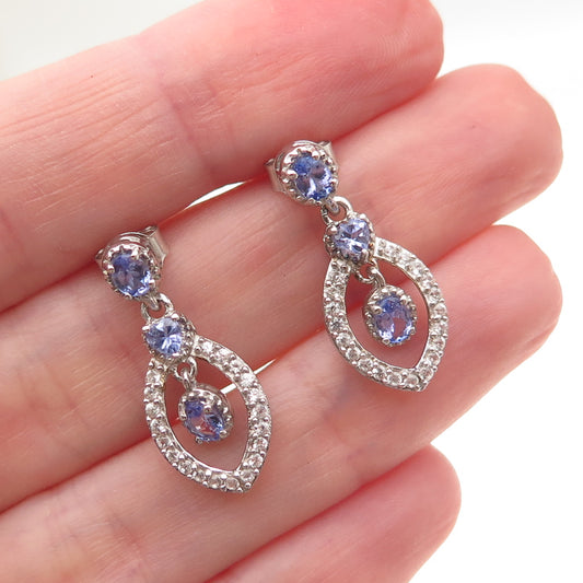 Chuck Clemency 925 Sterling Silver Real Tanzanite & White Topaz Dangle Earrings
