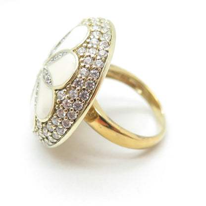 925 Sterling Silver Gold Plated White Enamel & C Z Floral Wide Ring Size 5.25