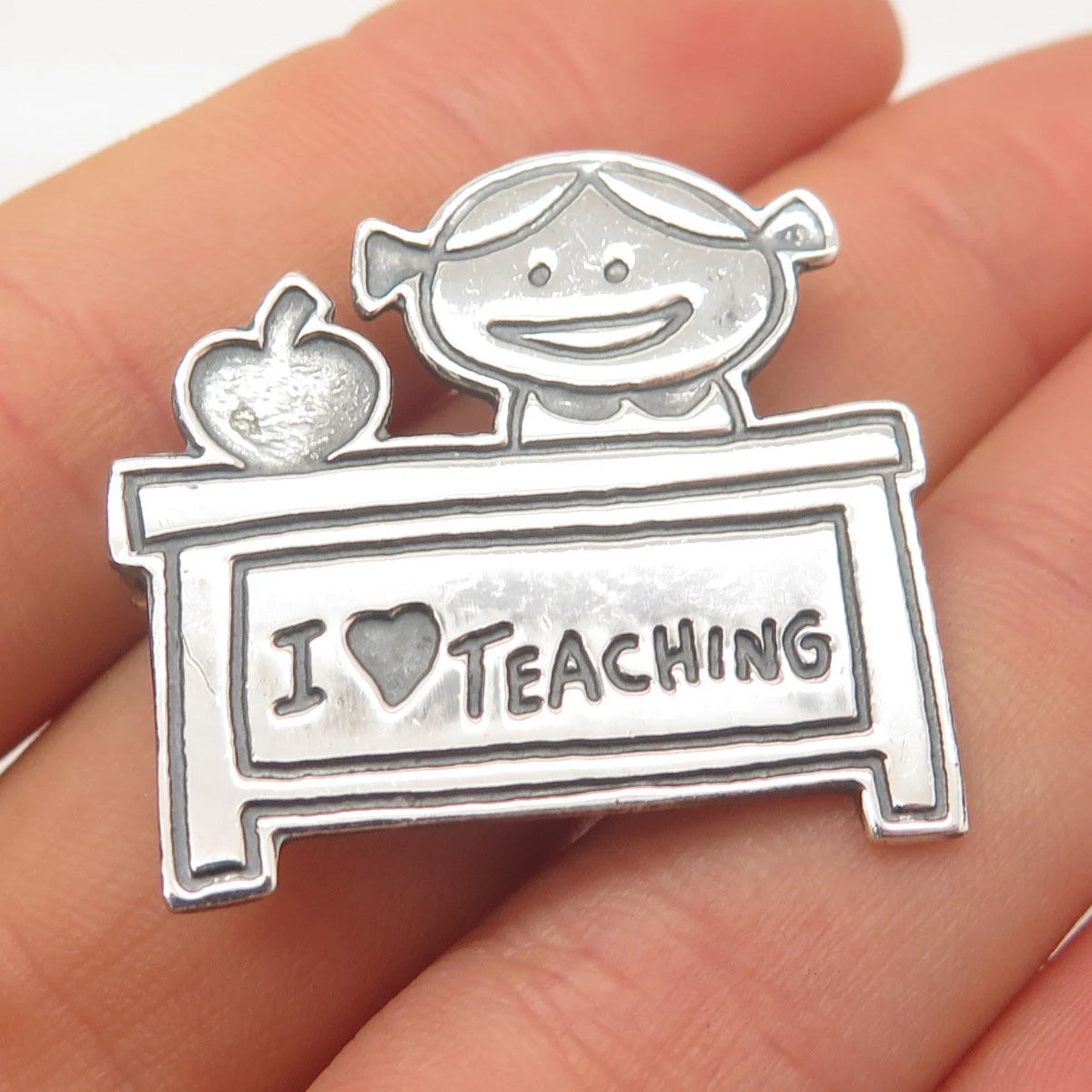 925 Sterling Silver Vintage Mexico "I Love Teaching" Happy Girl Pin Brooch