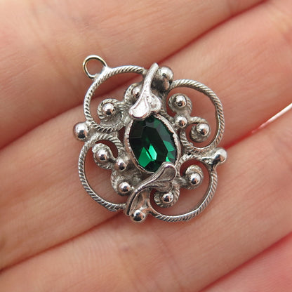 925 Sterling Silver Antique Art Deco Green Rhinestone Floral Mini Charm Pendant