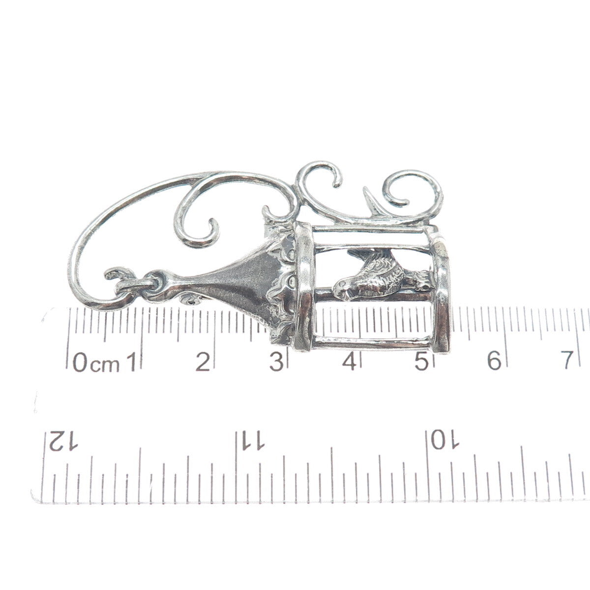 LANG Sterling Silver Antique Art Deco Bird Cage Fleur de Lis Oxidized Pin Brooch