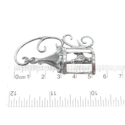 LANG Sterling Silver Antique Art Deco Bird Cage Fleur de Lis Oxidized Pin Brooch