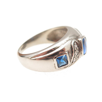 925 Sterling Silver Vintage Real Blue Topaz & C Z Modernist Ring Size 6.5