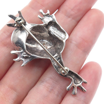 925 Sterling Silver Vintage Black Enamel Frog for Good Luck Oxidized Pin Brooch