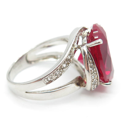 925 Sterling Silver Real White Topaz Gemstone & Lab-Created Ruby Ring Size 7.25