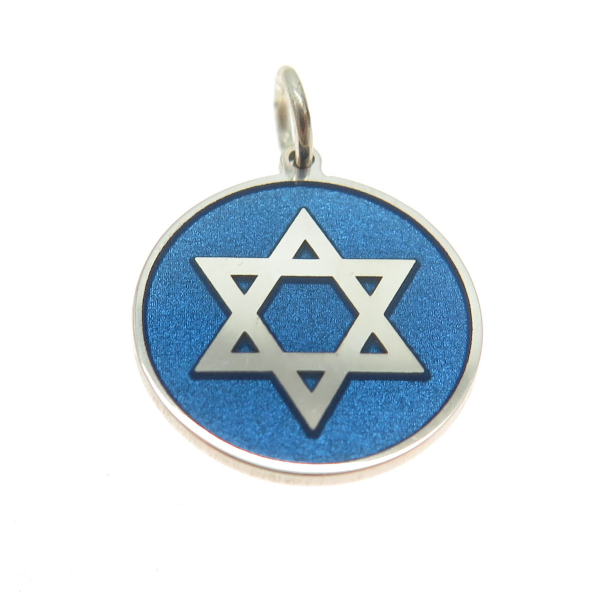 925 Sterling Silver Blue Enamel Star of David Round Tag Minimalist Charm Pendant