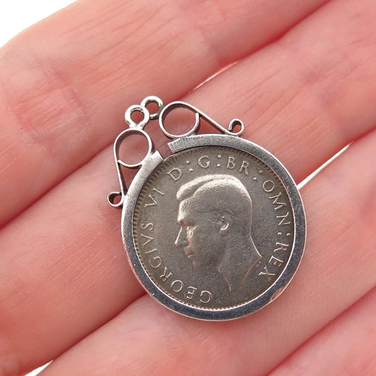 500 Silver Antique 1944 United Kingdom 6 Pence - George VI Coin Charm Pendant
