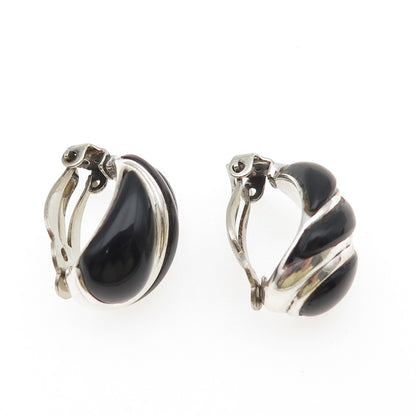 925 Sterling Silver Vintage Real Black Onyx Modernist Clip On Earrings