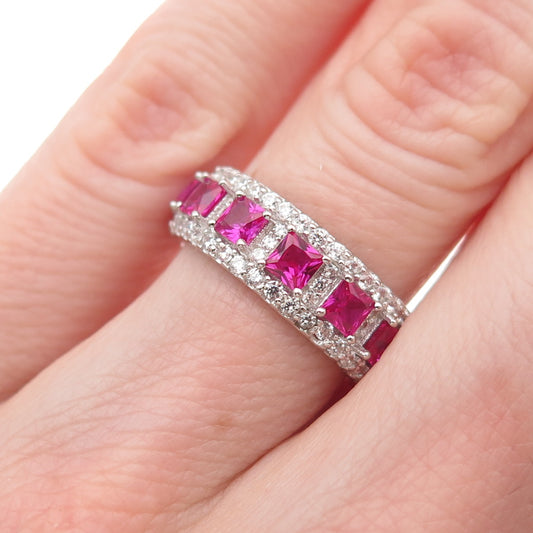 925 Sterling Silver Lab-Created Ruby & C Z Band Ring Size 5.25