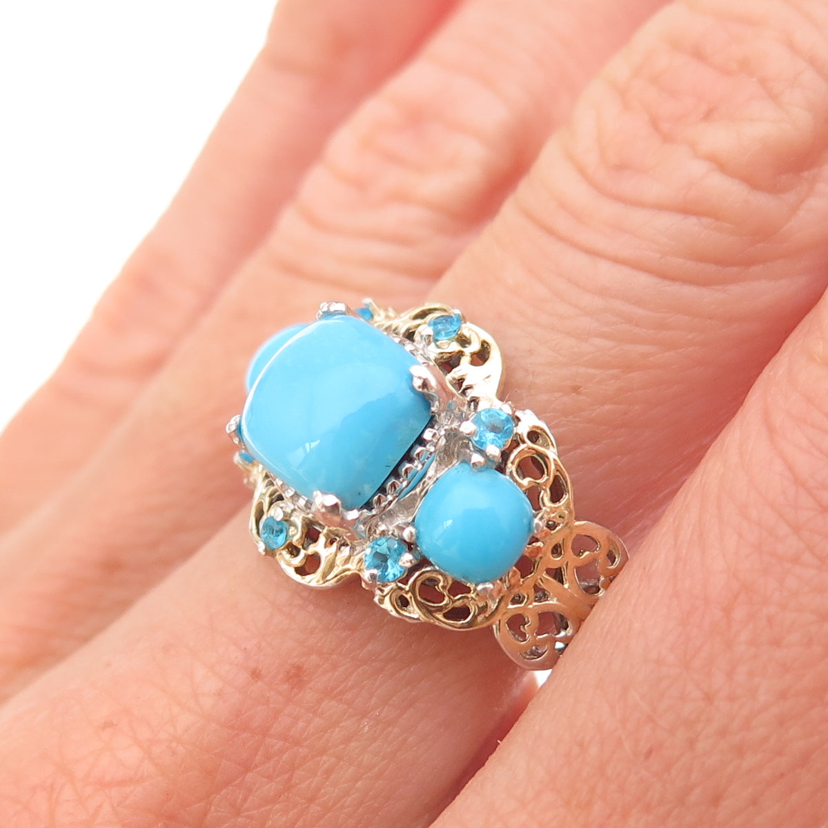 Chuck Clemency 925 Sterling Silver 2-Tone Real Turquoise Apatite Ring Size 8.25