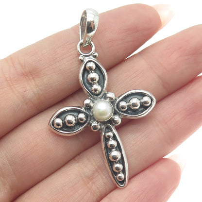 SILPADA 925 Sterling Silver Vintage Real Pearl Beaded Cross Oxidized Pendant