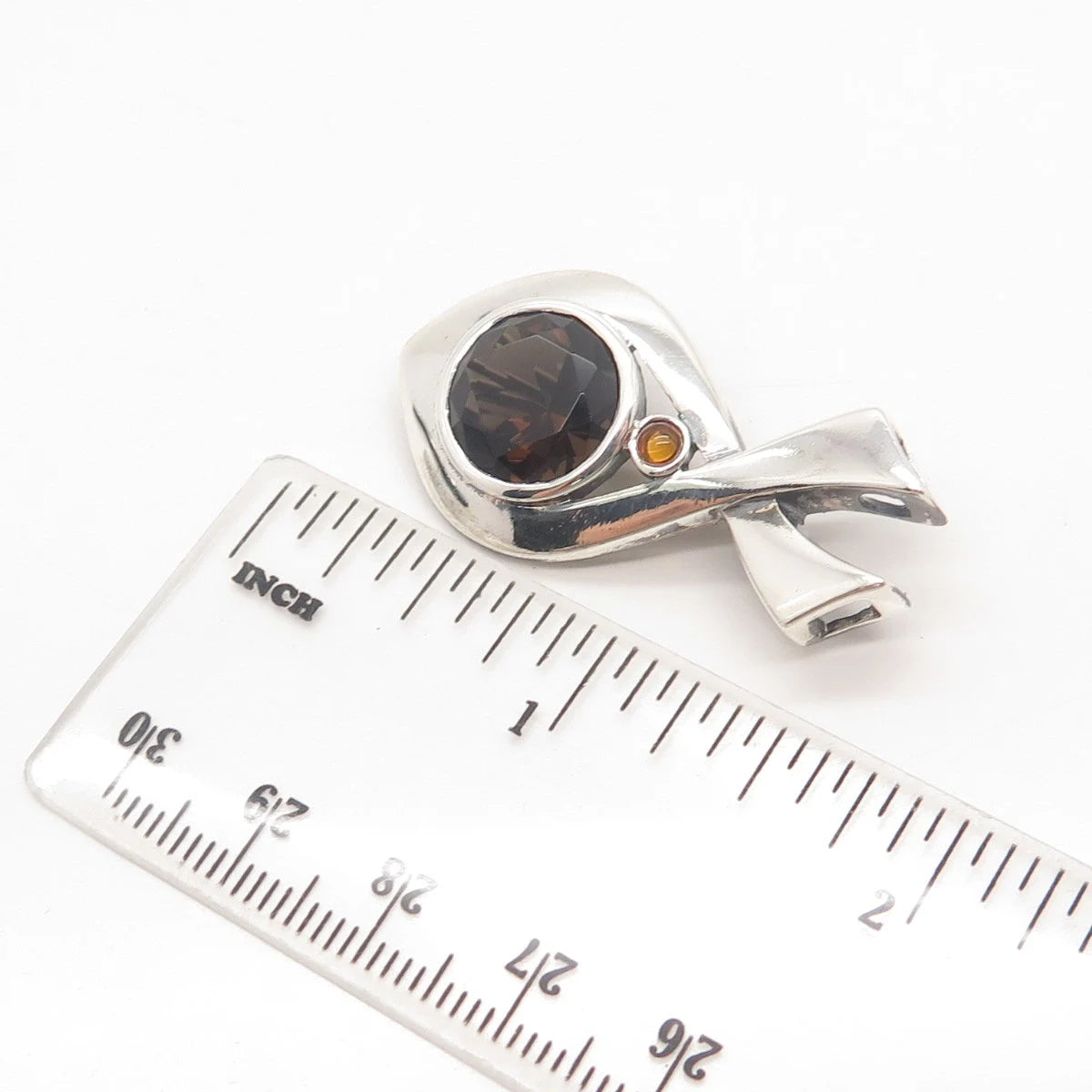 925 Sterling Silver Vintage BOMA Real Smoky Quartz & Citrine Gem Fish Pin Brooch