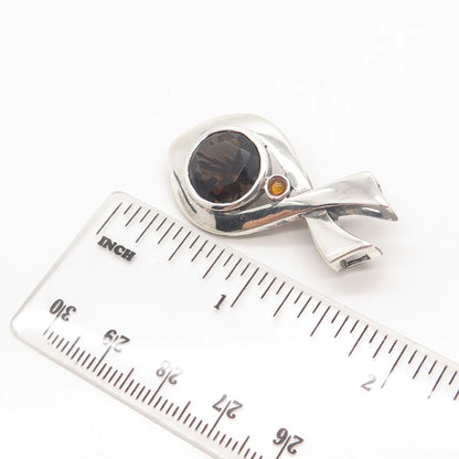 925 Sterling Silver Vintage BOMA Real Smoky Quartz & Citrine Gem Fish Pin Brooch