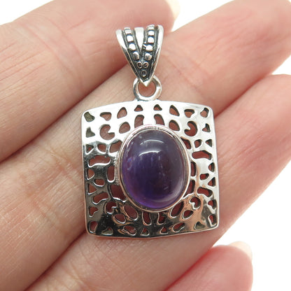 925 Sterling Silver Vintage Real Amethyst Gemstone Cutout Square Pendant