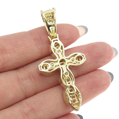 925 Sterling Silver Gold Plated Baguette & Round-Cut Cross Pendant