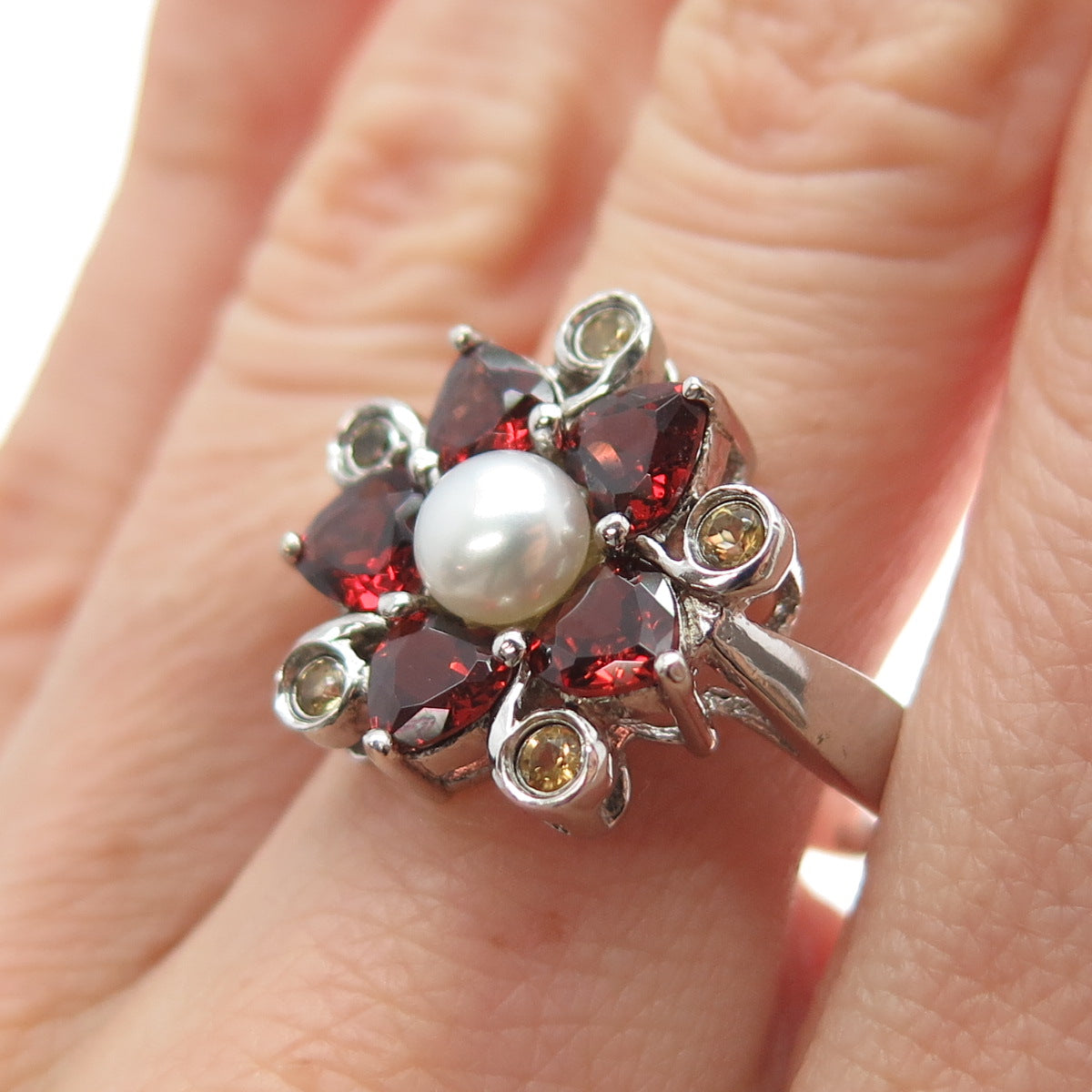925 Sterling Silver Vintage Real Pearl Red Garnet Citrine Flower Ring Size 9.25