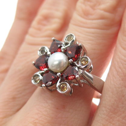 925 Sterling Silver Vintage Real Pearl Red Garnet Citrine Flower Ring Size 9.25