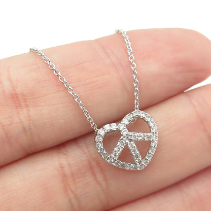 925 Sterling Silver Italy Round-Cut C Z Heart Peace Symbol Chain Necklace 16-18"