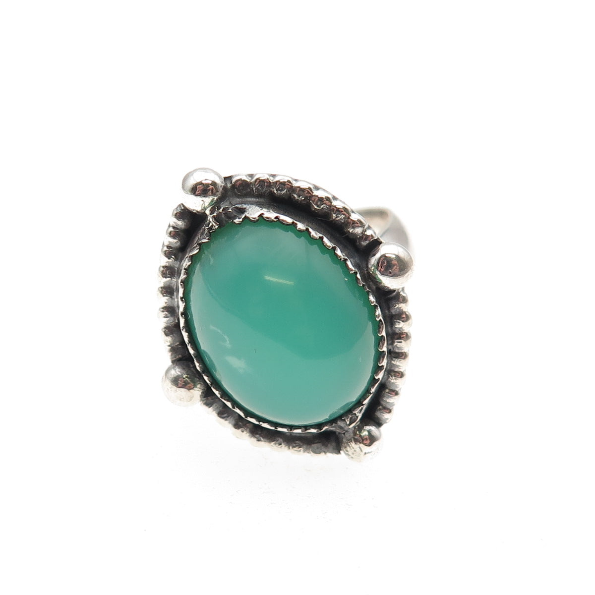 925 Sterling Silver Vintage Real Cabochon Chrysoprase Oxidized Ring Size 7.5