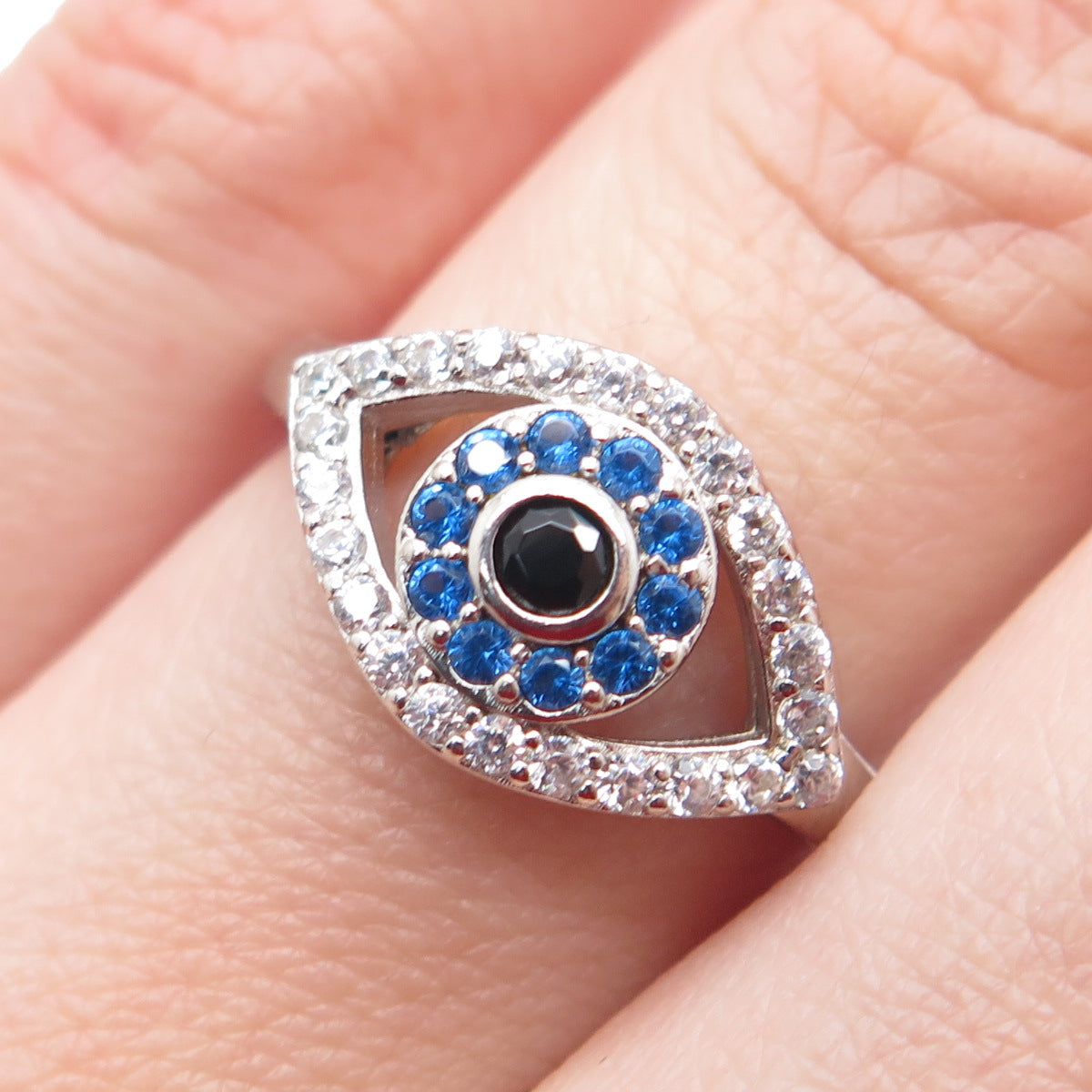 925 Sterling Silver Round-Cut Multi-Color C Z Evil's Eye Ring Size 7