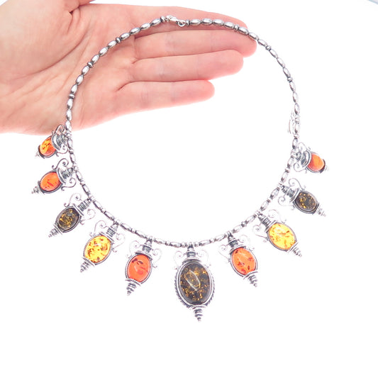 VALERIO V-8 Sterling Silver Vintage Poland Amber Modernist Chain Necklace 16"