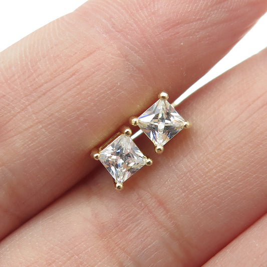 925 Sterling Silver Gold Plated Princess-Cut C Z Stud Earrings